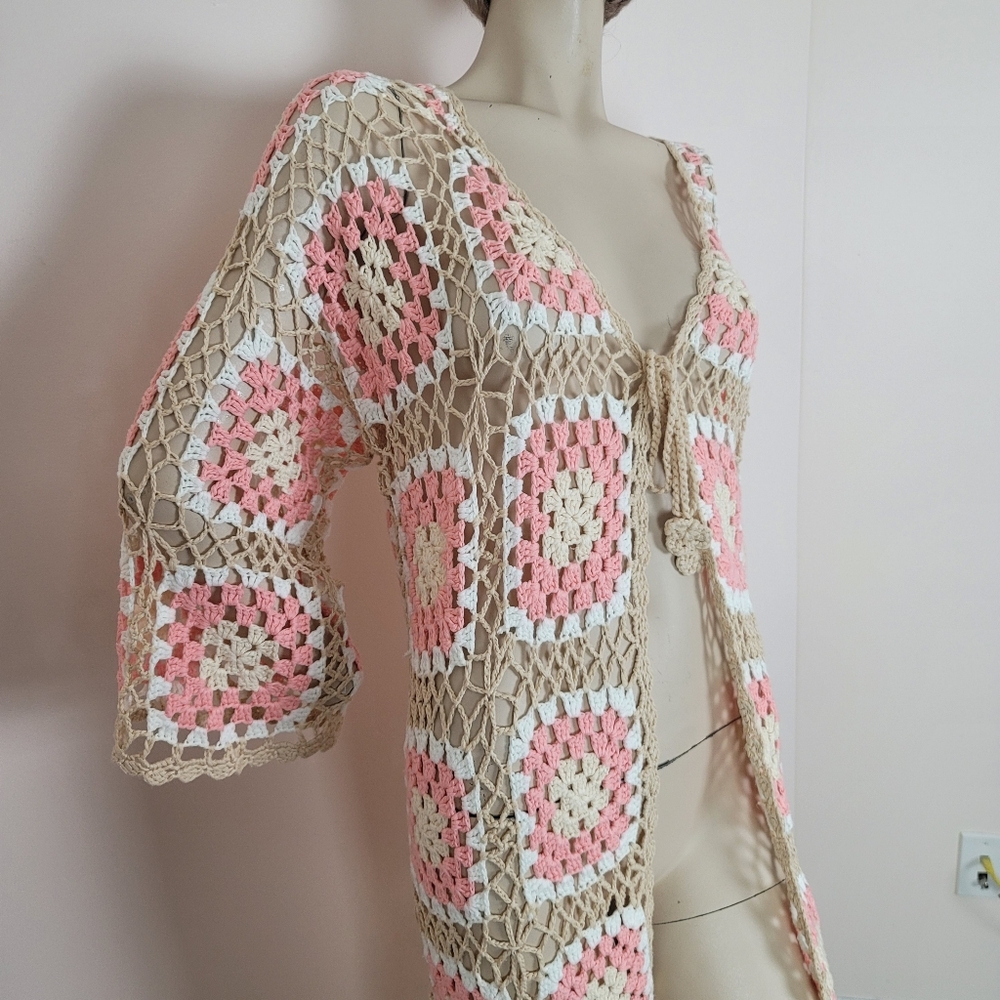 POL Kauai Crochet Long Tie Cardigan In Blush Beige Size Medium Granny Squares - Picture 6 of 14